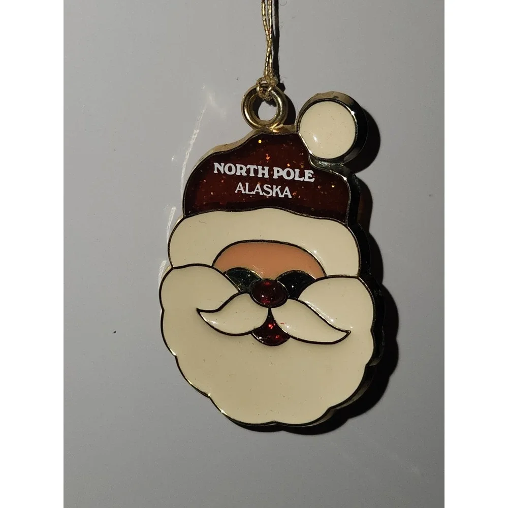 North Pole Alaska Stained Glass Santa Face Christmas Ornament Souvenir Vintage